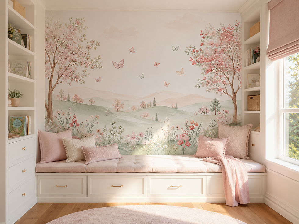 Thumbnail: Dreamy pink landscape wallpaper mural with delicate butterflies and flowering hills in a nursery reading nook.