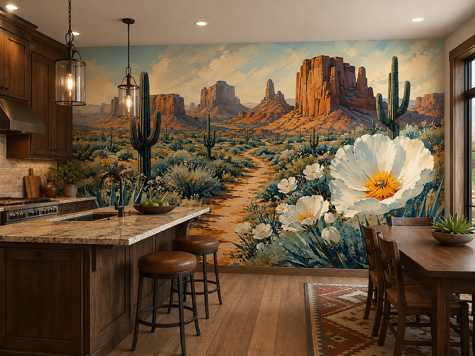 Thumbnail: Desert flower wallpaper mural with white blooms, agave and saguaro cactus in a bright kitchen.
