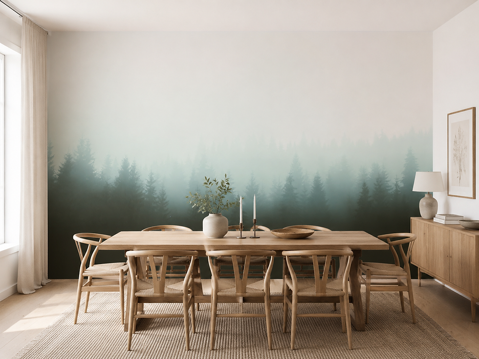 Thumbnail: Forest wallpaper for a dining room featuring soft fog and evergreen pine trees