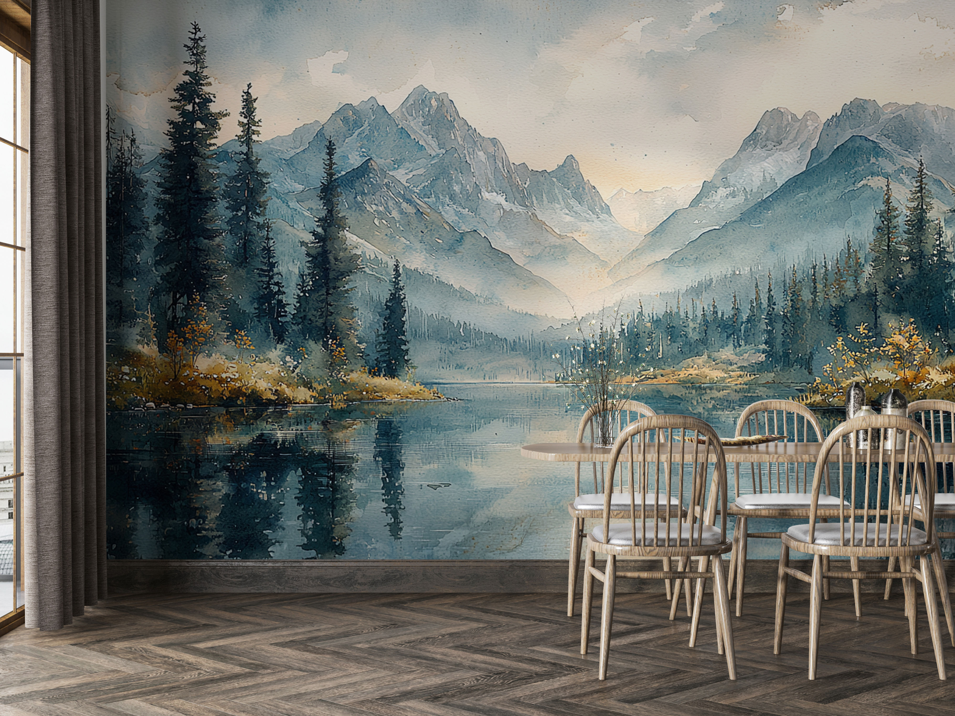 alpine lake wall mural living room interior