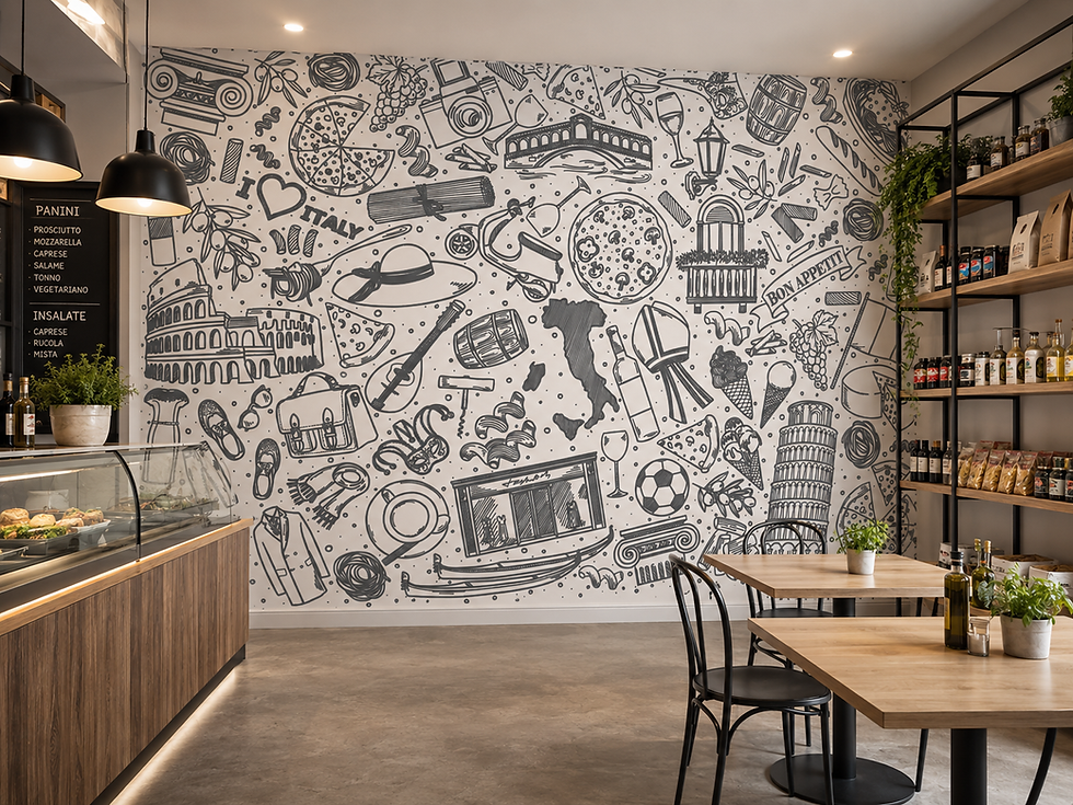 Thumbnail: Italian bistro wallpaper with black line illustrations of famous landmarks, traditional food, wine, and Italian travel icons.