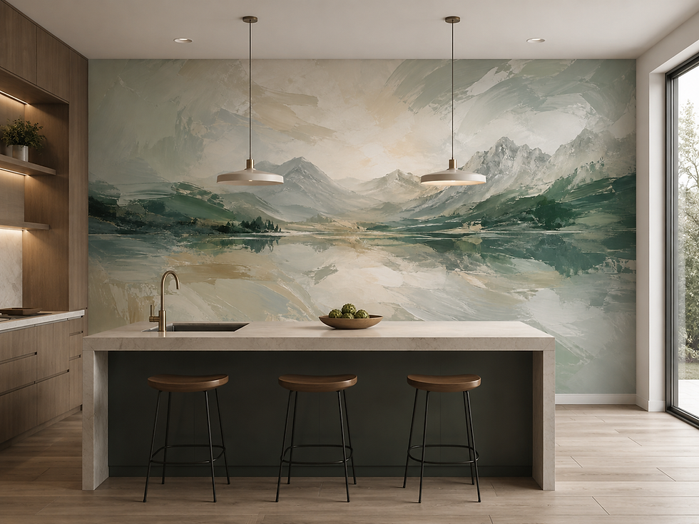 Thumbnail: Sage mountain lake mural with layered alpine scenery, soft cream tones and textured painterly brushwork in a kitchen