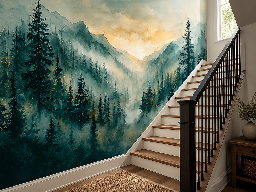 Thumbnail: Evergreen valley wall mural with misty mountain layers, dark pine trees and golden light along a staircase