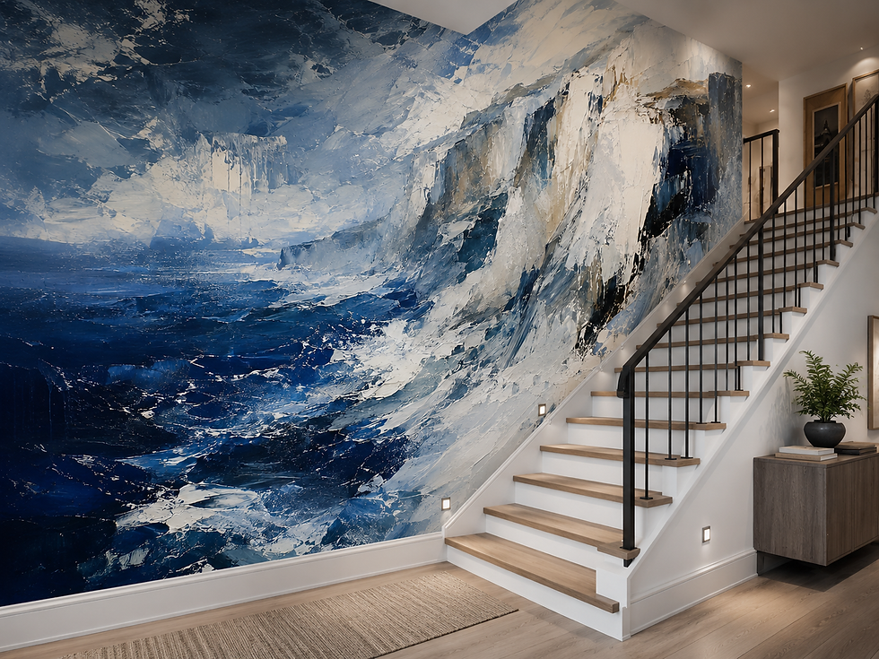 Thumbnail: Dramatic seascape mural with navy waves, rugged white cliffs and crashing surf displayed along a staircase