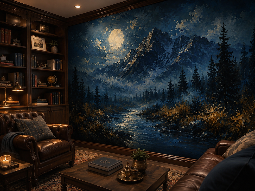 Thumbnail: Moonlit wilderness wallpaper mural with dark forest, mountain river and full moon in a home library.