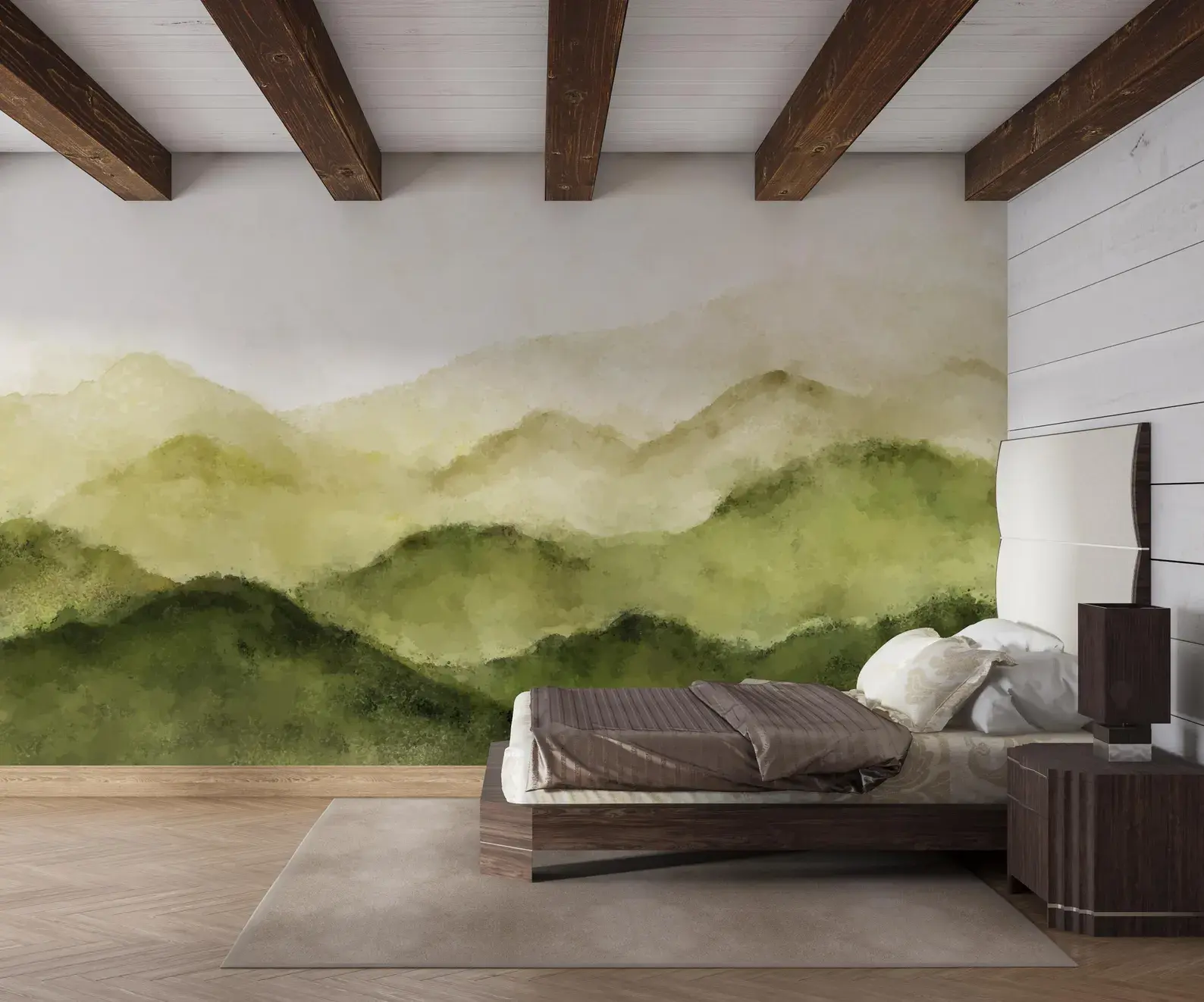 Organic modern bedroom featuring Mirelleaf wallpaper, painted green landscape with watercolor texture
