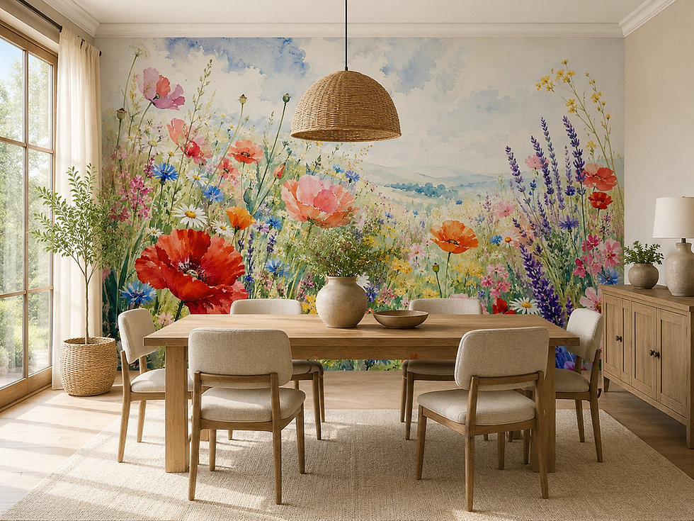 Wild Harmony colorful wildflower wallpaper mural bringing vibrant watercolor garden beauty into a dining room.