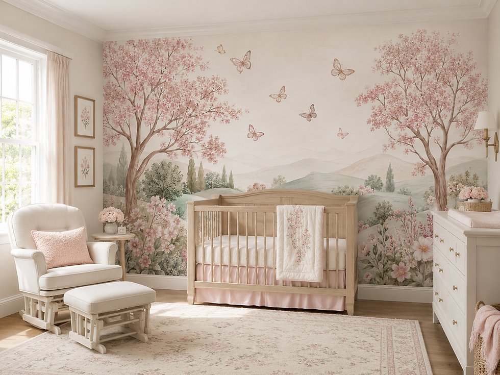 Pink floral butterfly wallpaper mural with flowering trees, wildflowers, and soft sage hills in a baby girl nursery.