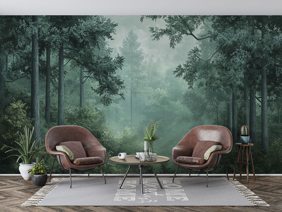 misty green forest wall mural