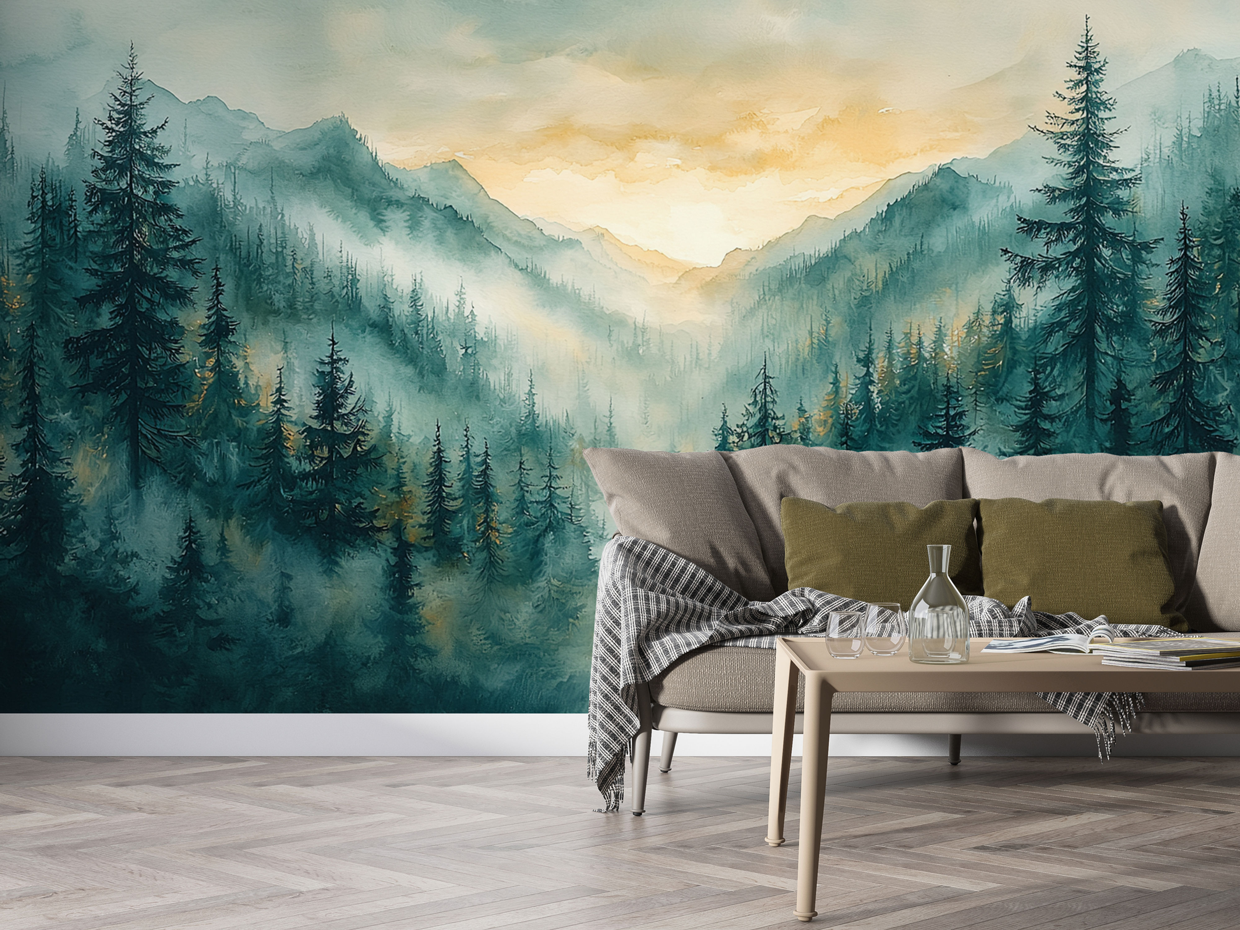 evergreen forest wall mural cabin interior