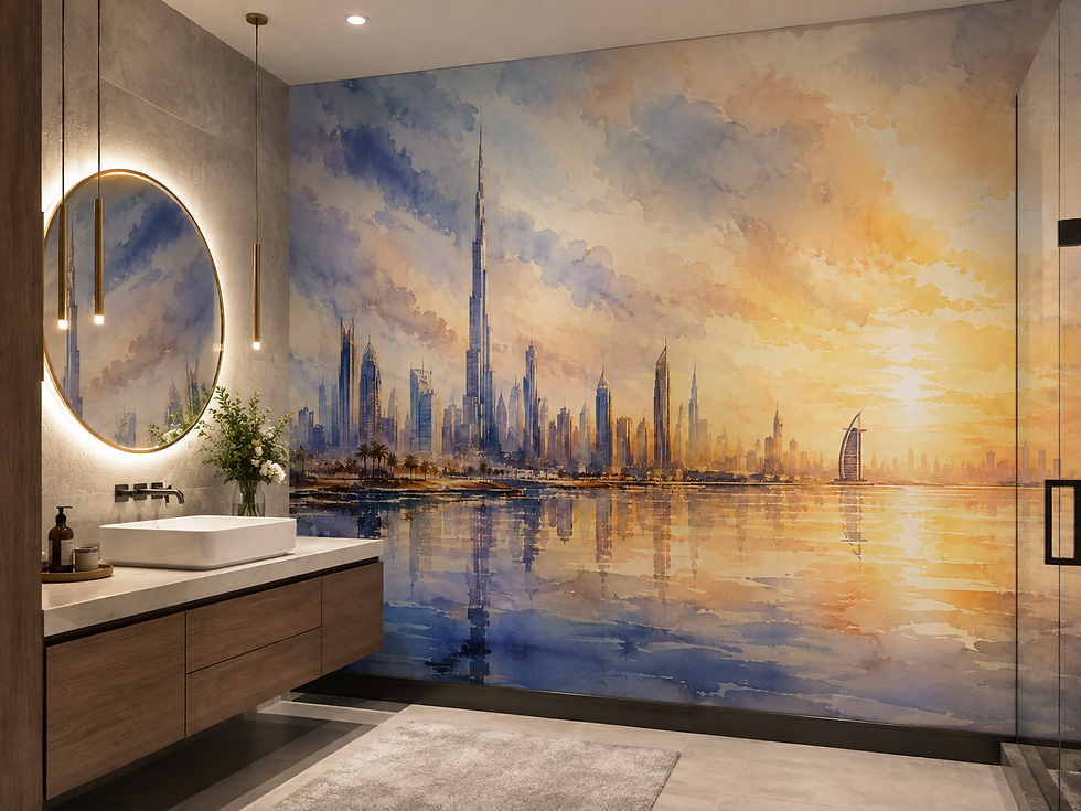 Thumbnail: Dubai waterfront wallpaper in a bathroom with sink and mirror, featuring Burj Khalifa, skyline reflections and warm sunset