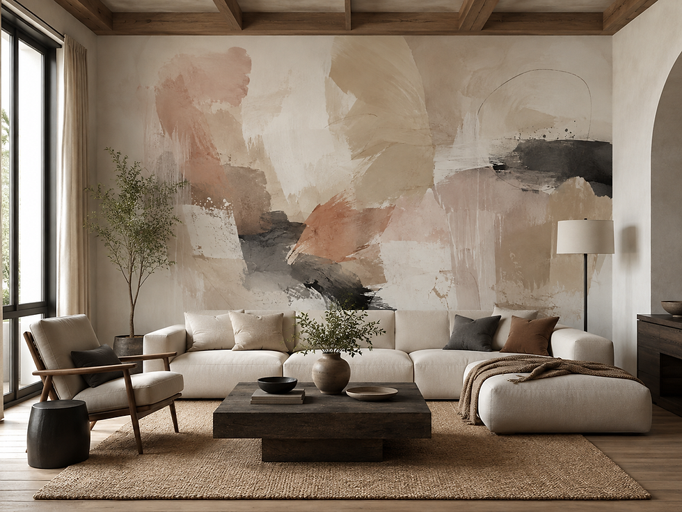 Thumbnail: Abstract brushstroke wallpaper mural in beige, blush and charcoal tones in a modern living room.