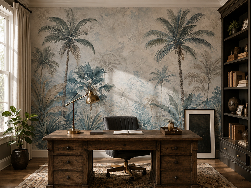 Thumbnail: Blue botanical wall mural with tropical palms and cool-toned foliage creating a calm home office.