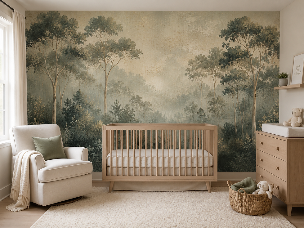Thumbnail: Nature wallpaper for a nursery with peaceful woodland trees, soft mist, and warm golden colors