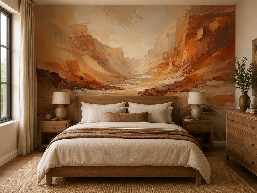 Thumbnail: Sandstone canyon wallpaper mural with warm terracotta cliffs, layered rock formations and desert scenery in a bedroom