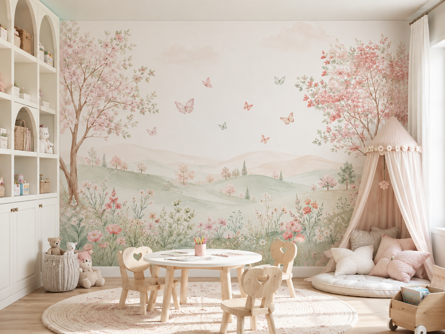 Storybook floral wallpaper mural with butterflies, blush trees, and soft countryside scenery in a home kids playroom.