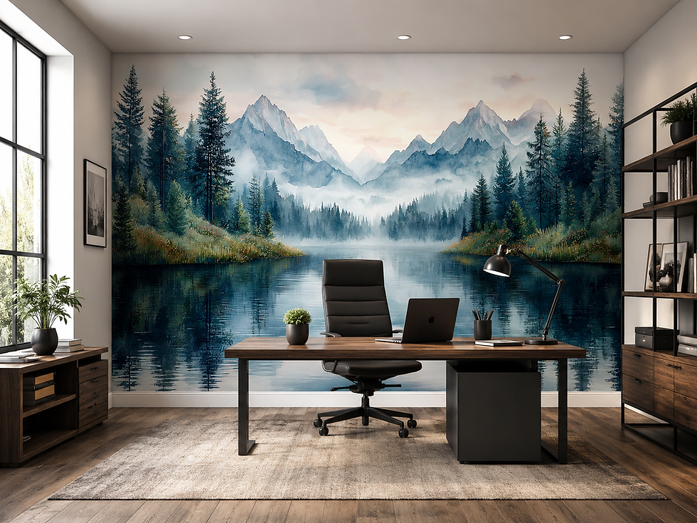 Thumbnail: Blue mountain landscape wallpaper with misty alpine peaks, evergreen forest and reflective lake in a home office