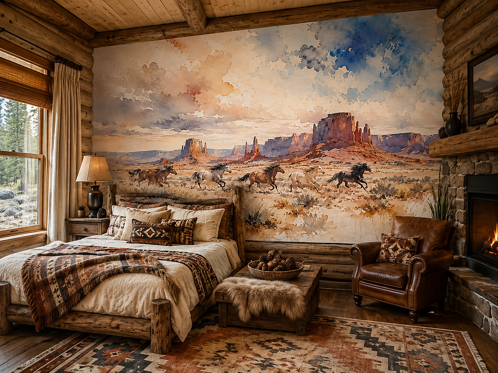 Hand-painted horse mural with a wild mustang herd and earthy watercolor landscape inside a cabin.