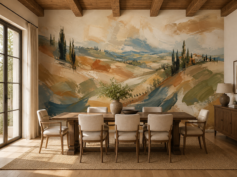 Thumbnail: Rolling hills wallpaper with Tuscan countryside, cypress trees and soft blue green painterly scenery in a dining room