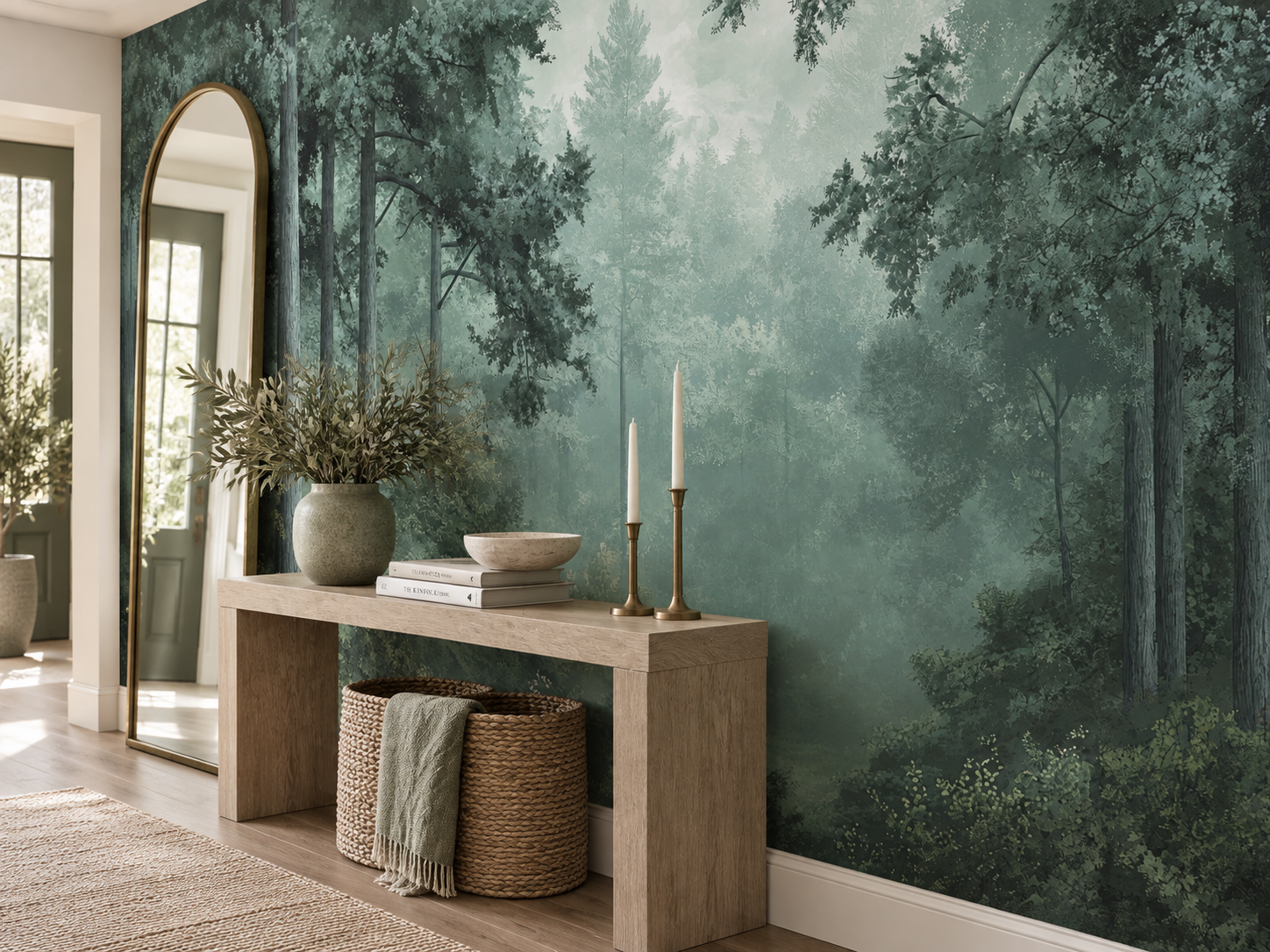 Botanical forest wallpaper mural with deep green woodland foliage, tall tree trunks and atmospheric mist in a hallway
