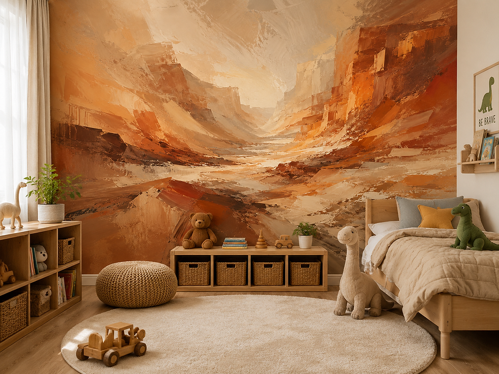 Thumbnail: Soft desert canyon wallpaper mural with warm orange cliffs, beige rock layers and painterly scenery in a child's room