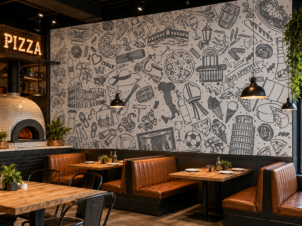 Thumbnail: Feature wall mural for Italian restaurants showcasing pizza, wine, pasta, gelato, and iconic Italian cultural elements.