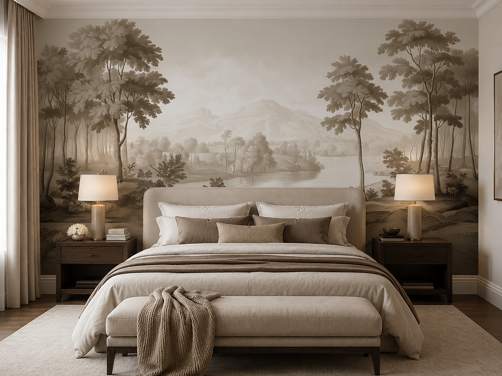 Thumbnail: Woodland wallpaper for a bedroom with elegant trees and soft sepia landscape artwork