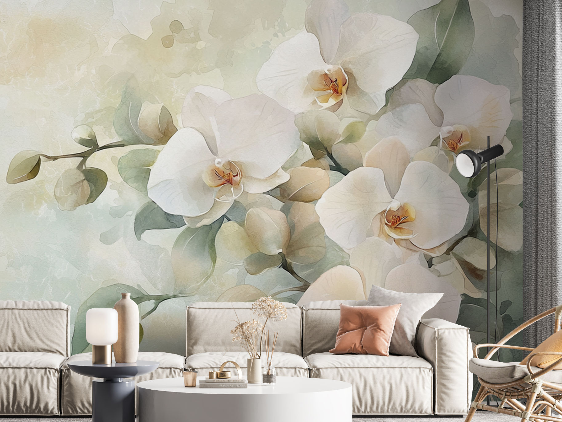 white orchid wallpaper mural for living room wall
