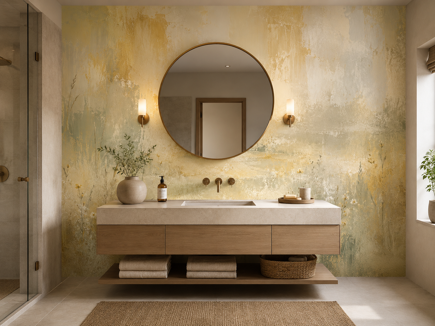 Warm botanical wallpaper in a bathroom with sink and mirror, featuring golden meadow tones and delicate white wildflowers