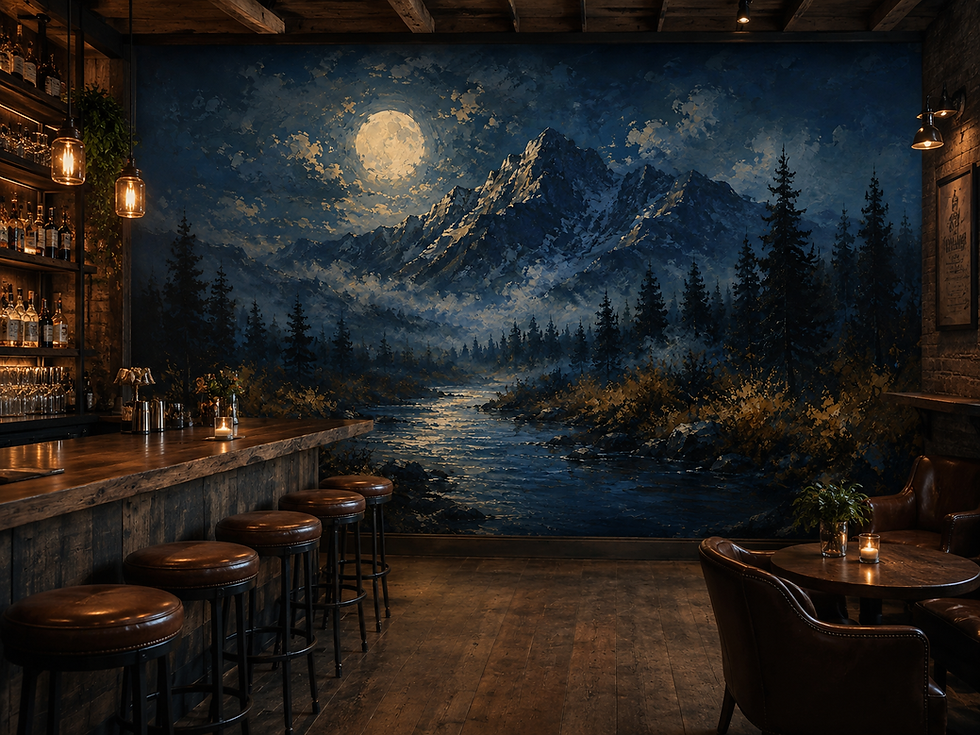 Thumbnail: Moody nature wallpaper mural with full moon, mountain river and dark evergreen forest in a restaurant.