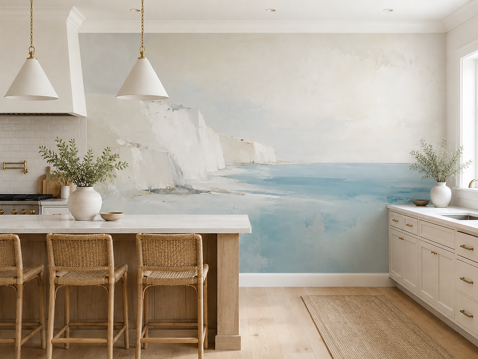 Thumbnail: Neutral coastal landscape mural with white cliffs, calm blue water and soft abstract texture in a kitchen
