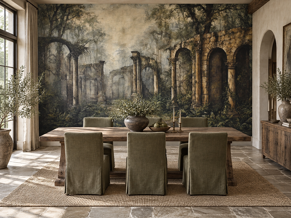 Dark forest ruins wallpaper with stone columns, arches and moody woodland depth in a dining room
