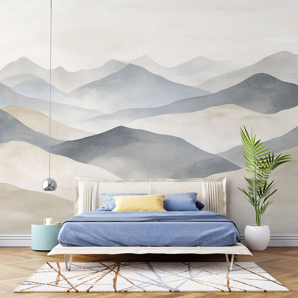 Scandinavian bedroom styled with Norvale peel and stick wallpaper, layered neutral mountain landscape