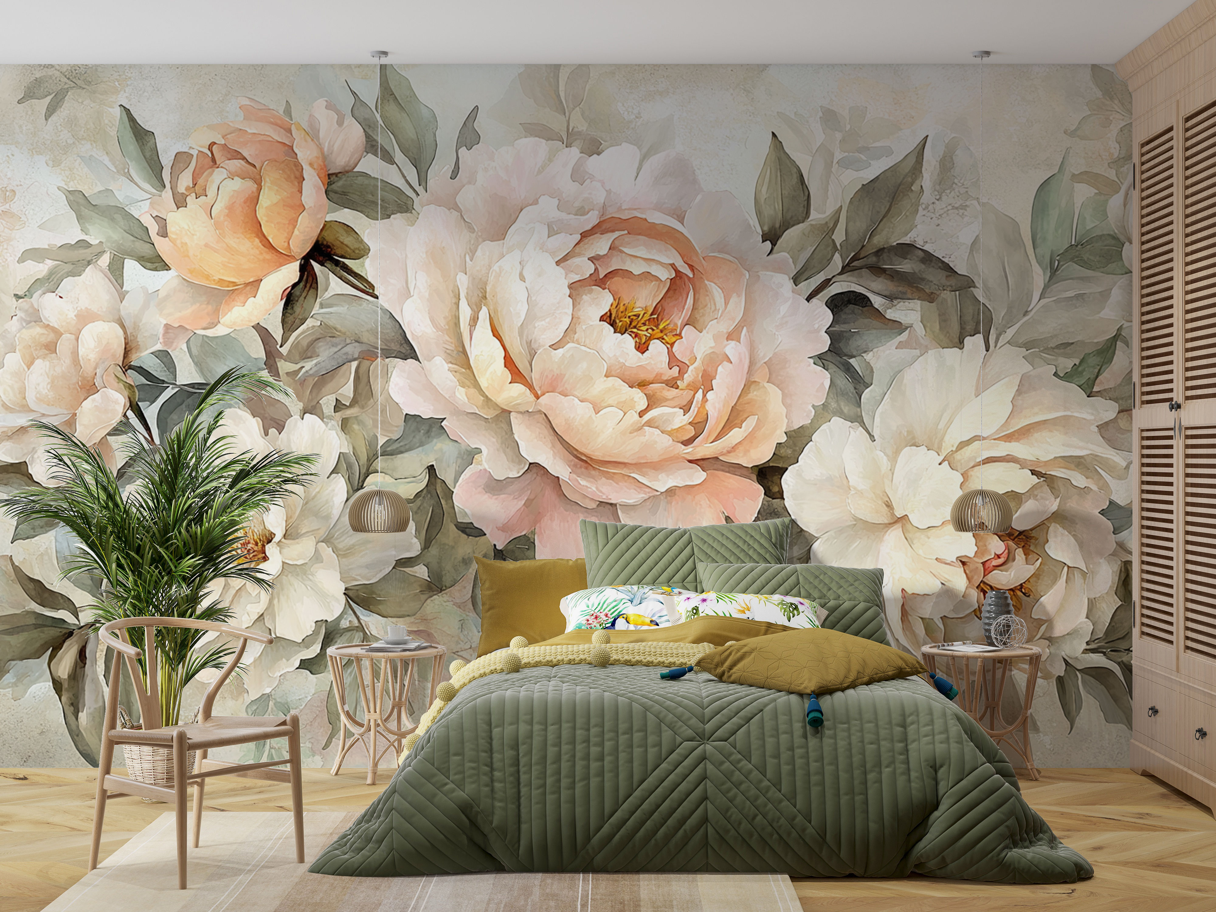 ivory peony wall mural for bedroom interior
