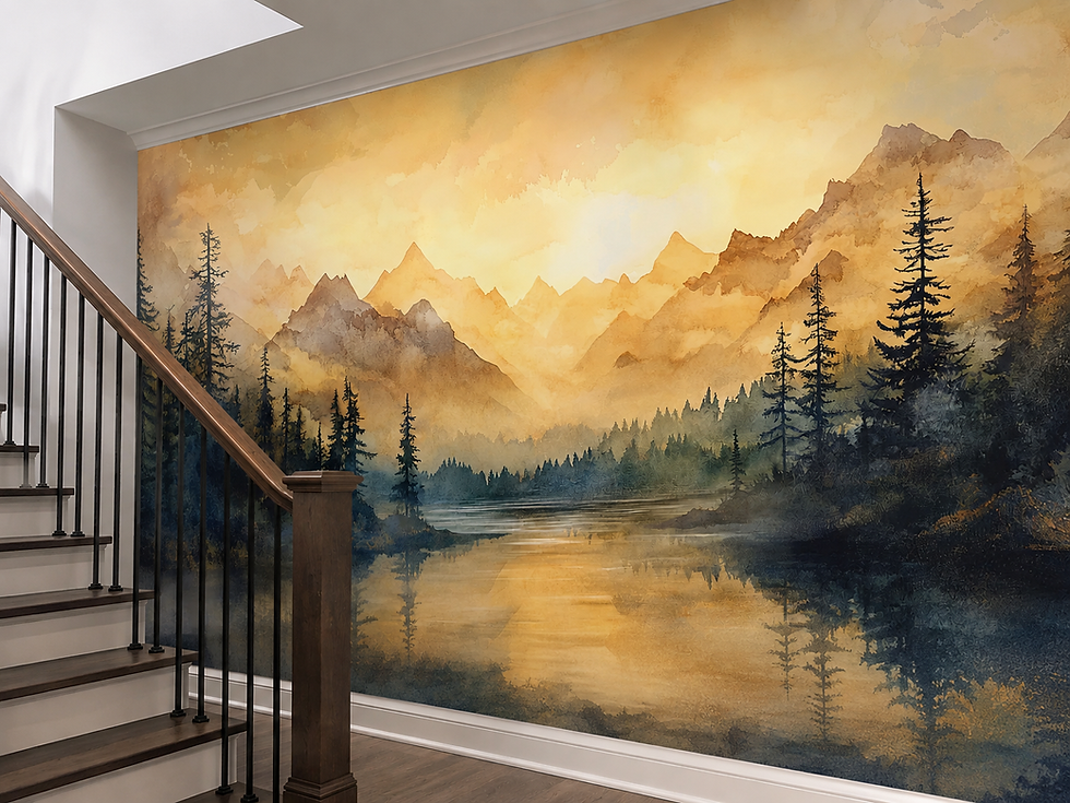 Thumbnail: Mountain forest wallpaper mural with watercolor peaks, golden sky and reflective lake along a staircase