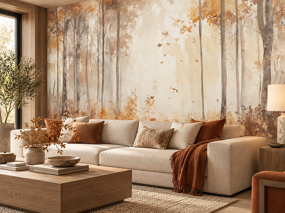 Thumbnail: Sunlit woodland wall mural with tall neutral trees, golden autumn leaves and bright watercolor forest light in a living room