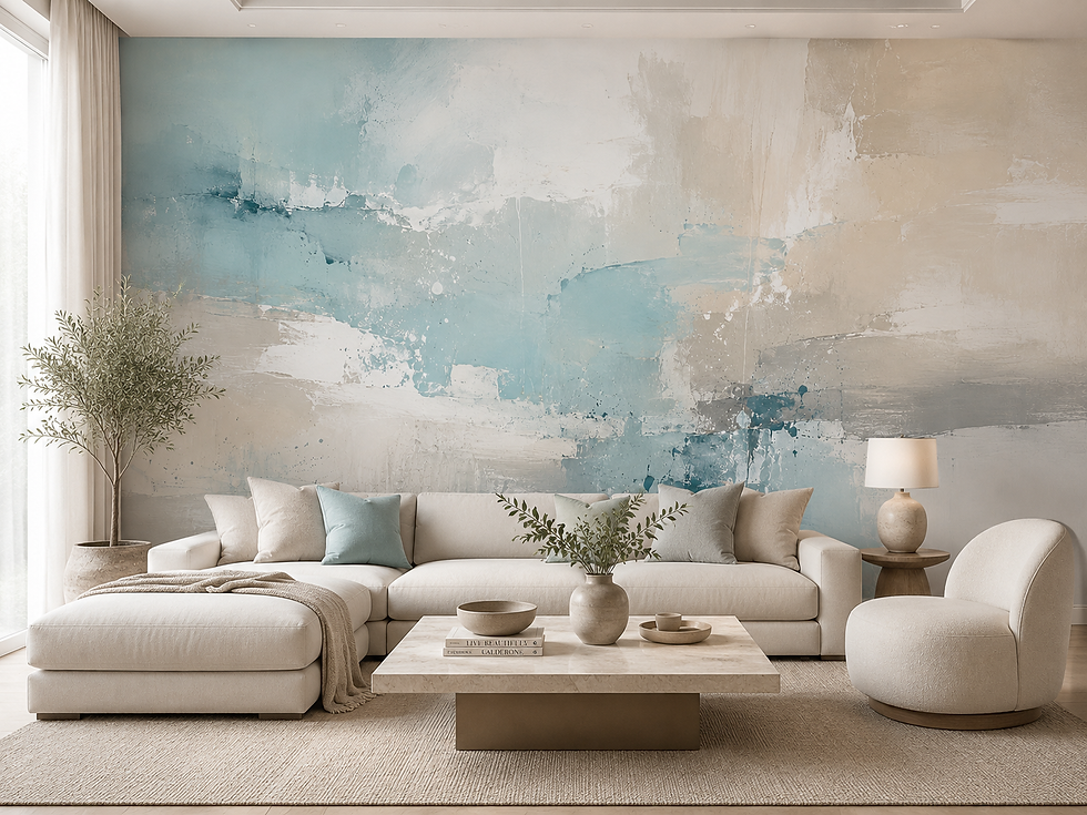 Coastal abstract wallpaper mural with soft aqua, beige and ivory painterly texture in a modern living room.