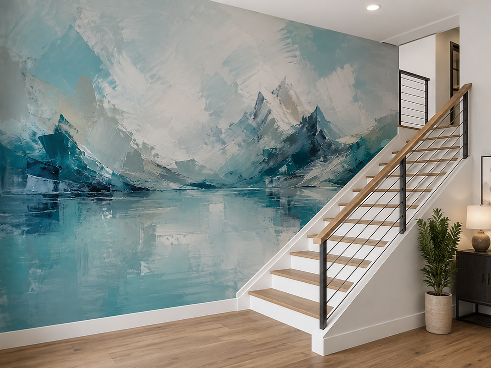 Thumbnail: Glacier mountain wall mural with icy blue peaks, turquoise lake and textured abstract scenery along a staircase