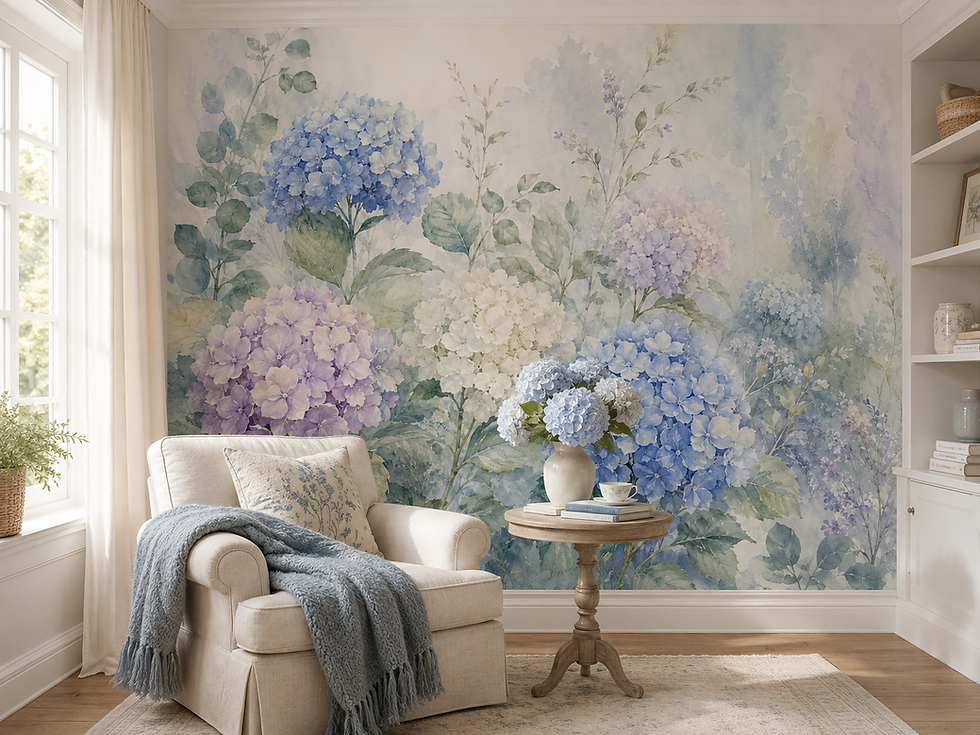 Watercolor hydrangea wallpaper mural creating a peaceful reading nook with soft botanical flowers.