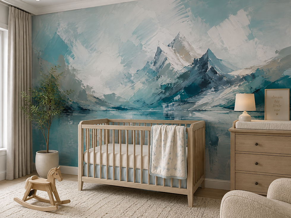 Thumbnail: Soft aqua mountain wallpaper mural with snowy alpine peaks and calming reflective lake in a child's room