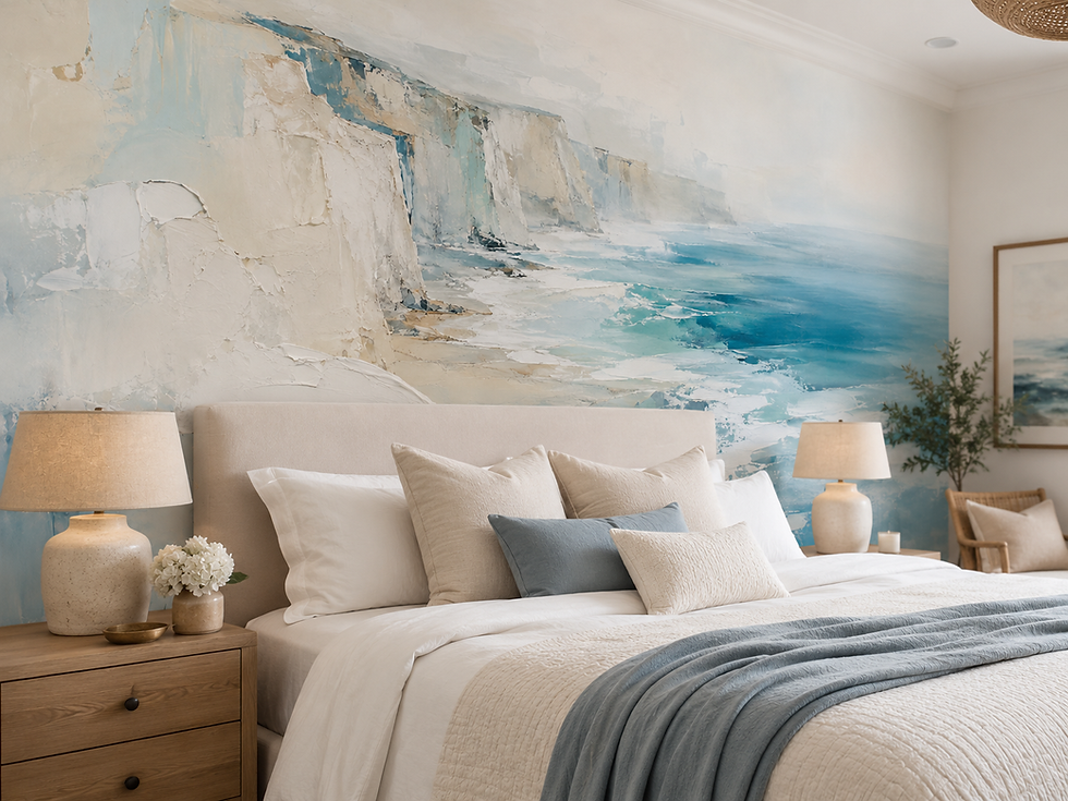 Thumbnail: White cliffs wallpaper mural with soft blue sea and peaceful ivory coastal scenery in a modern bedroom.