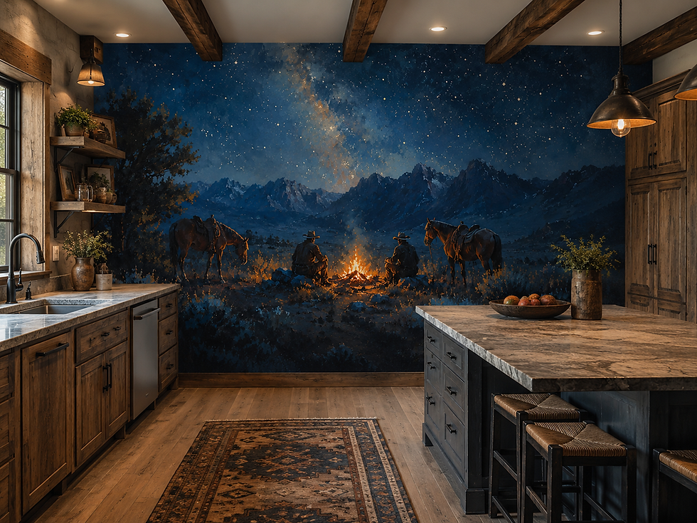 Western night landscape mural with cowboys, saddled horses, mountains and Milky Way sky inside a ranch house.