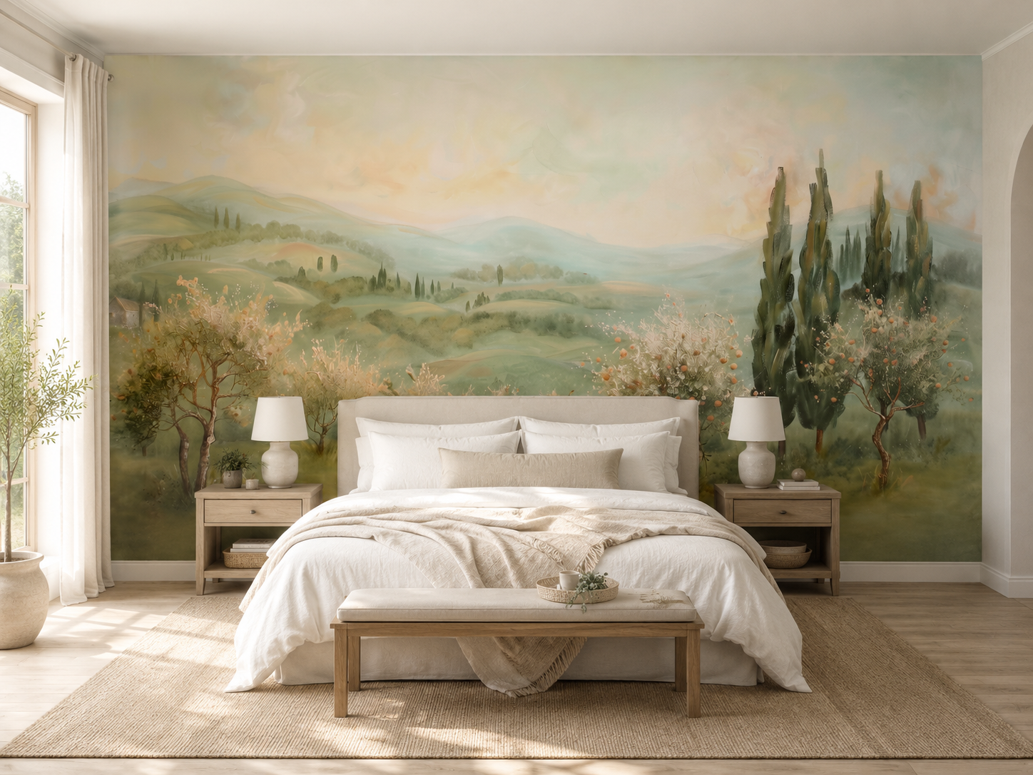 Olive Hills landscape wall mural with soft green countryside and cypress trees in a bright neutral bedroom