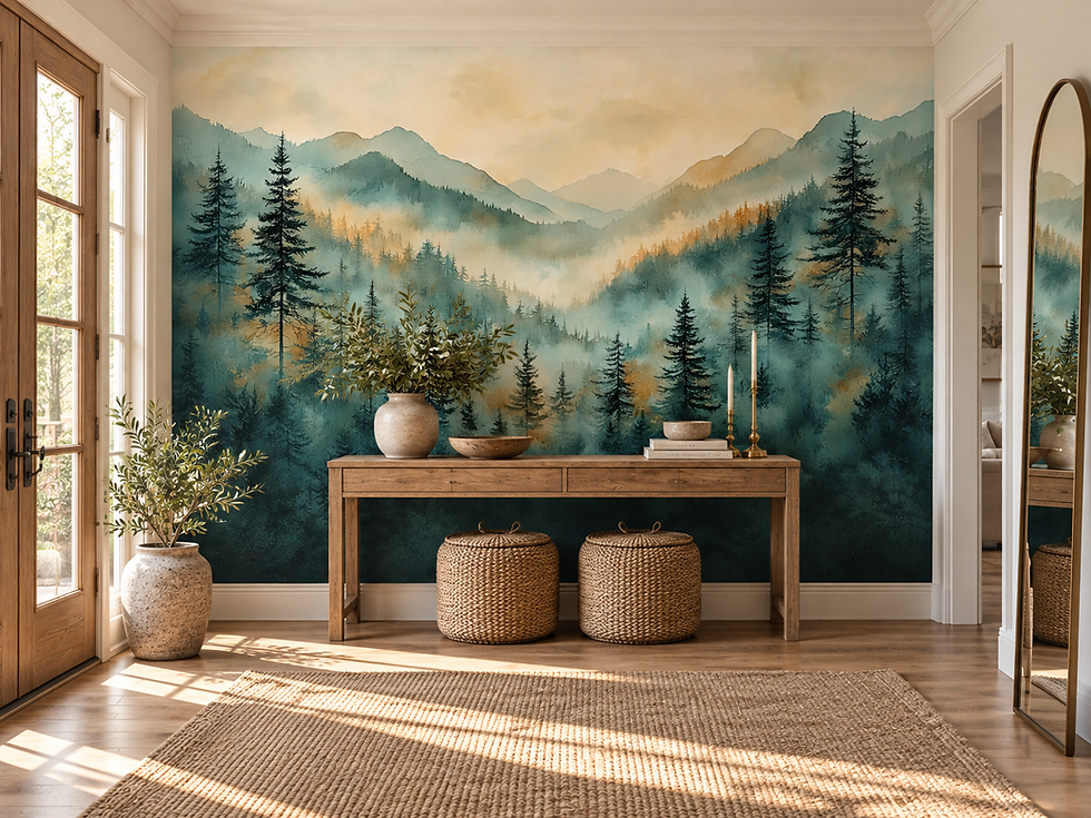Thumbnail: Misty mountain wallpaper with teal pine forests, layered peaks and warm golden light in a hallway