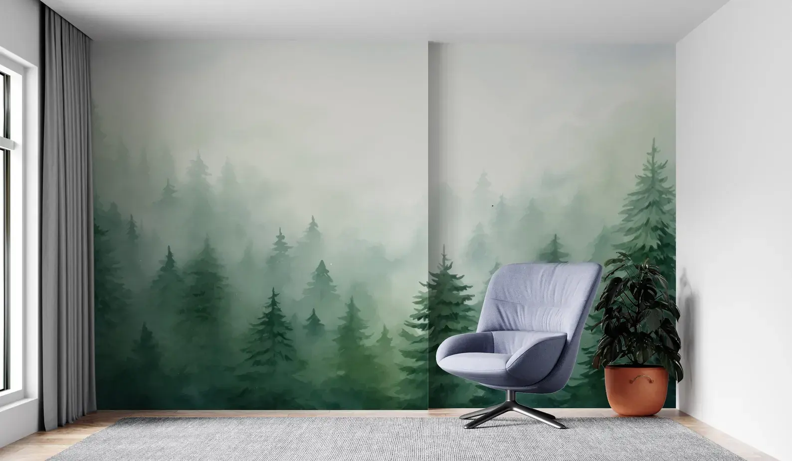 Evermist watercolor forest wall mural by Bellasso with misty pine trees
