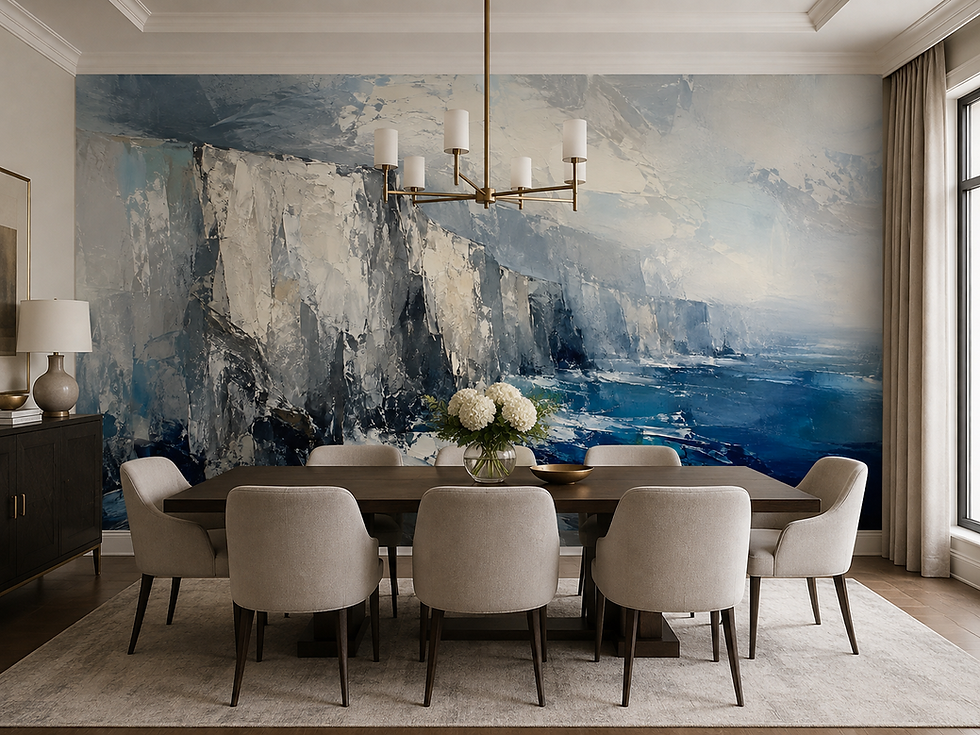 Thumbnail: Ocean cliff wallpaper mural with towering pale rock formations and blue water behind a dining area.