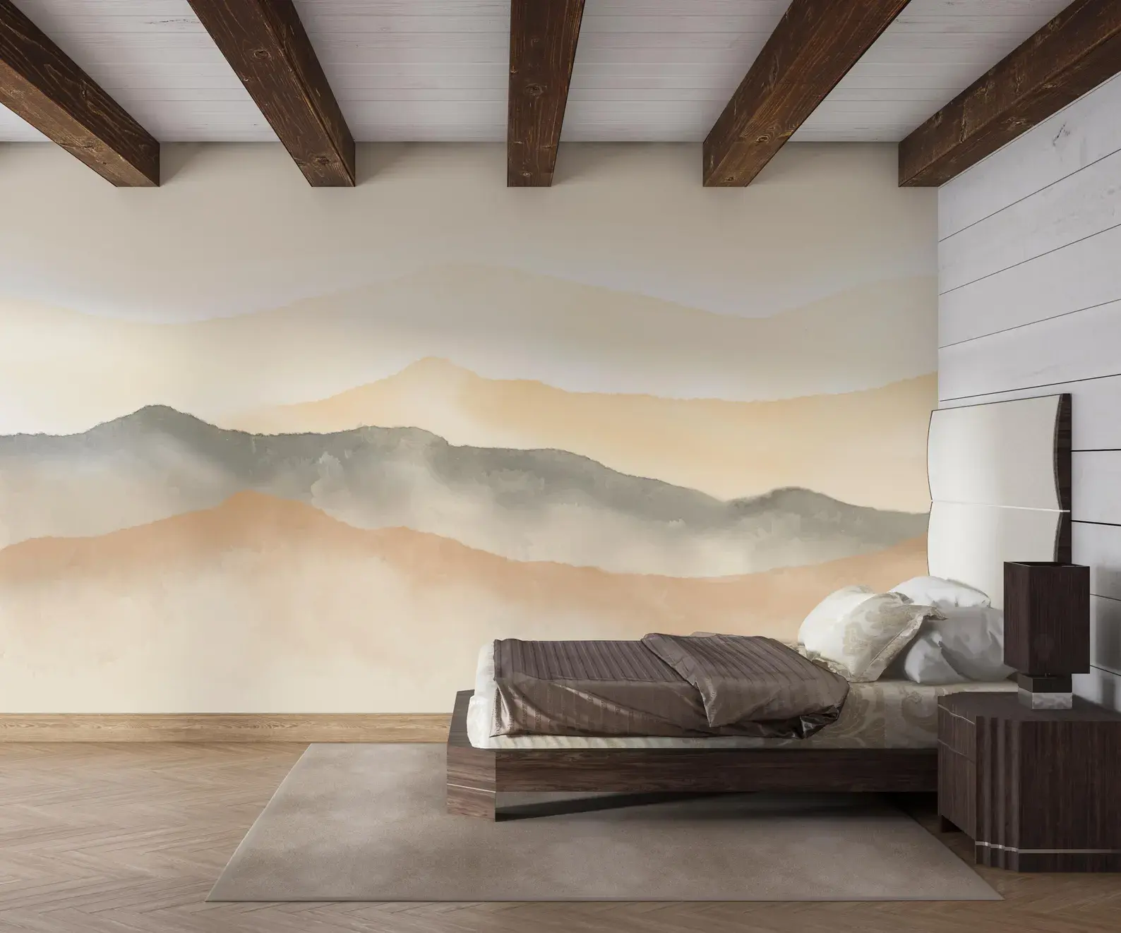 Modern bedroom styled with Avelune landscape wallpaper, calming watercolor horizon design in soft earthy tones