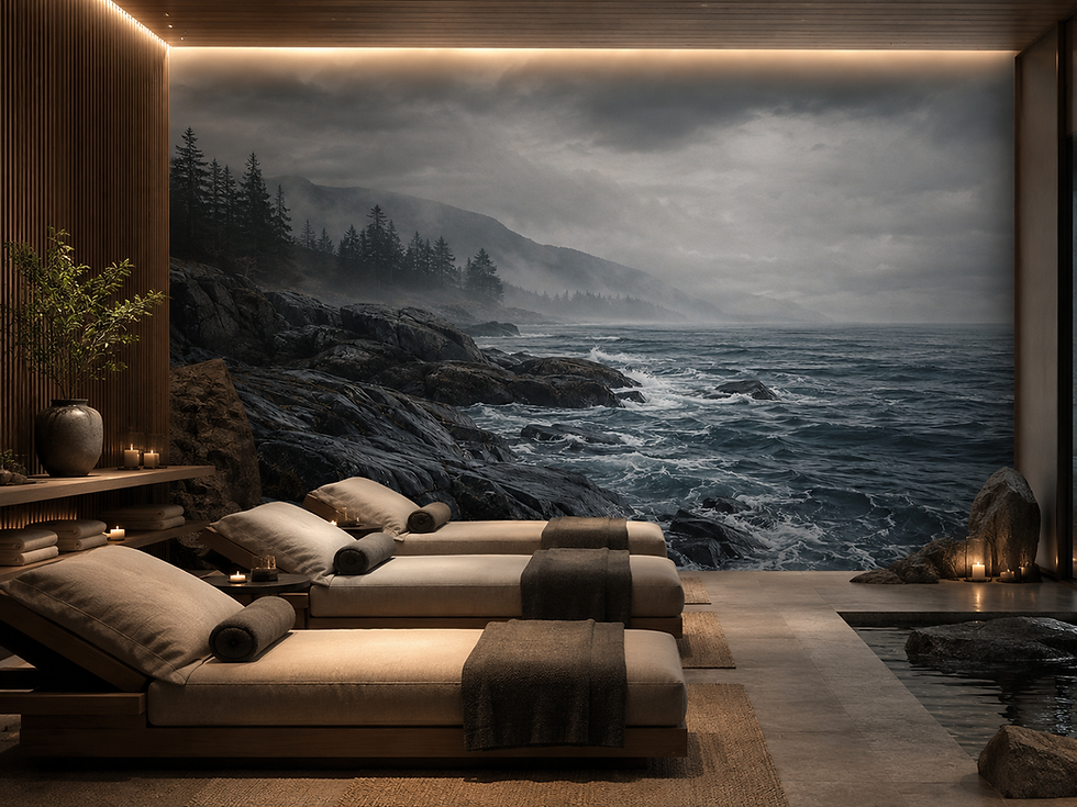 Thumbnail: Moody rocky coastline wallpaper bringing peaceful natural beauty into a luxury spa environment.