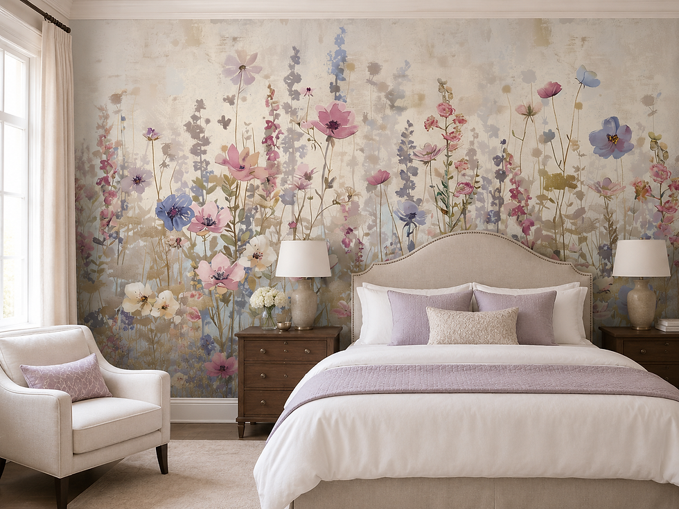 Thumbnail: Botanical wildflower wallpaper in a master bedroom with soft watercolor flowers in blush, lavender, blue, and cream.