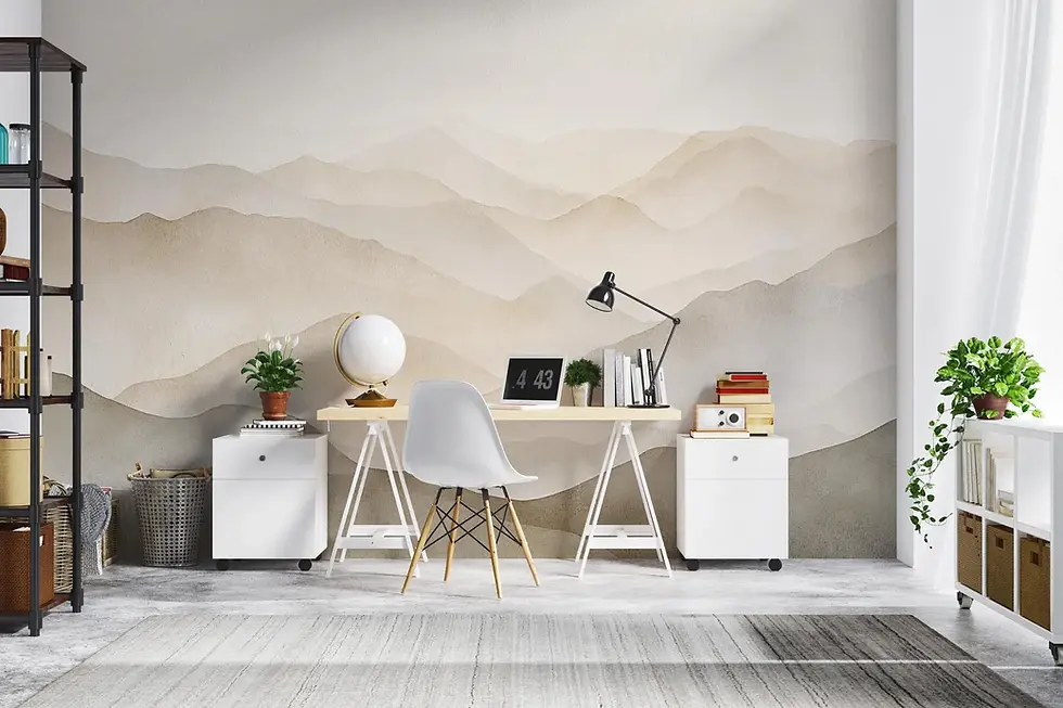 Close-up of Veloura peel and stick wallpaper texture, matte finish neutral mountain mural detail
